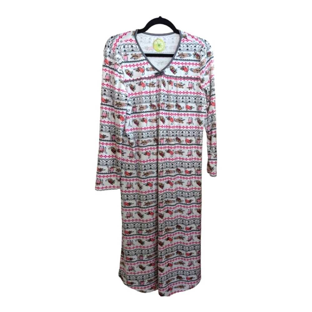 Wild Orchid All over Cat Print LS Vneck Maxi Nightgown Size Small EUC